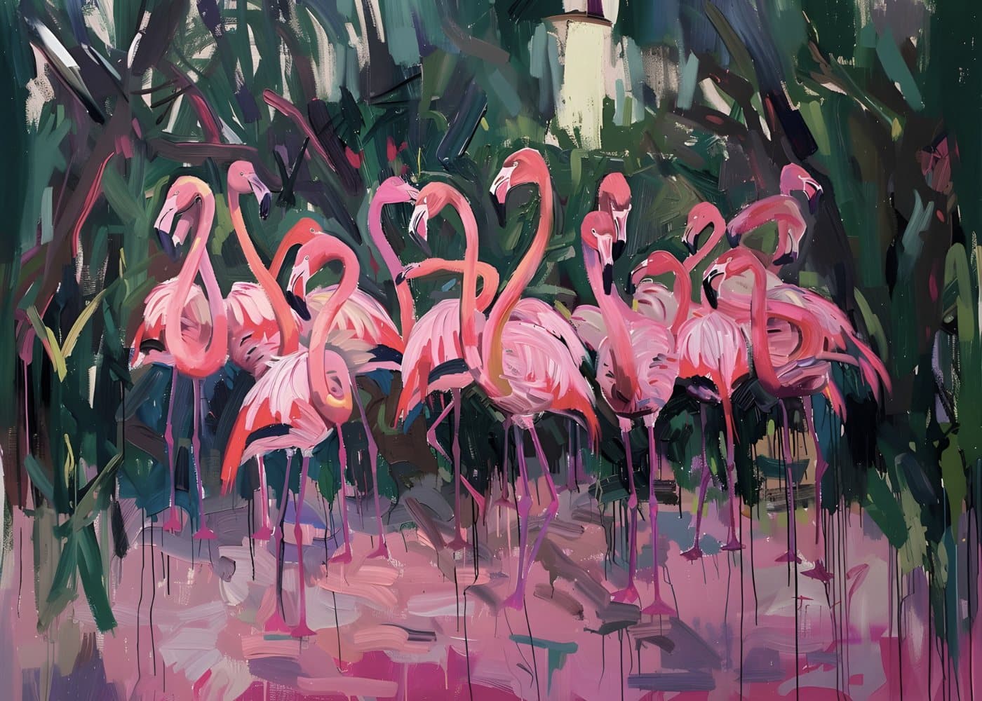 Flamingoflokk i jungelen, hele motivet