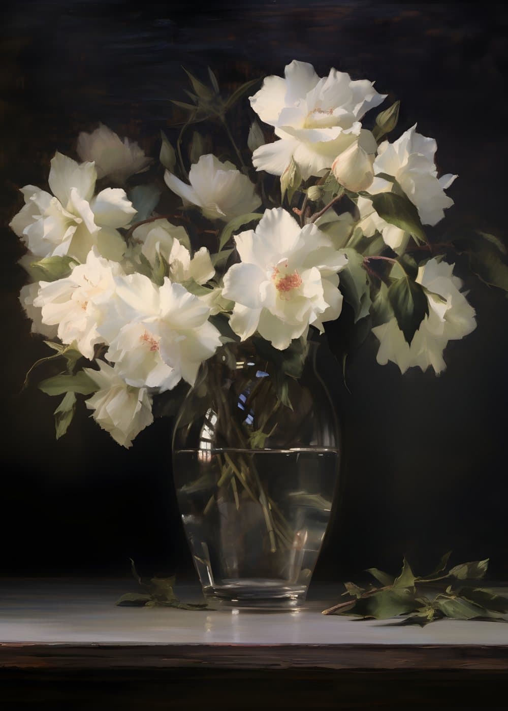 Hvite roser i glassvase II, hele motivet