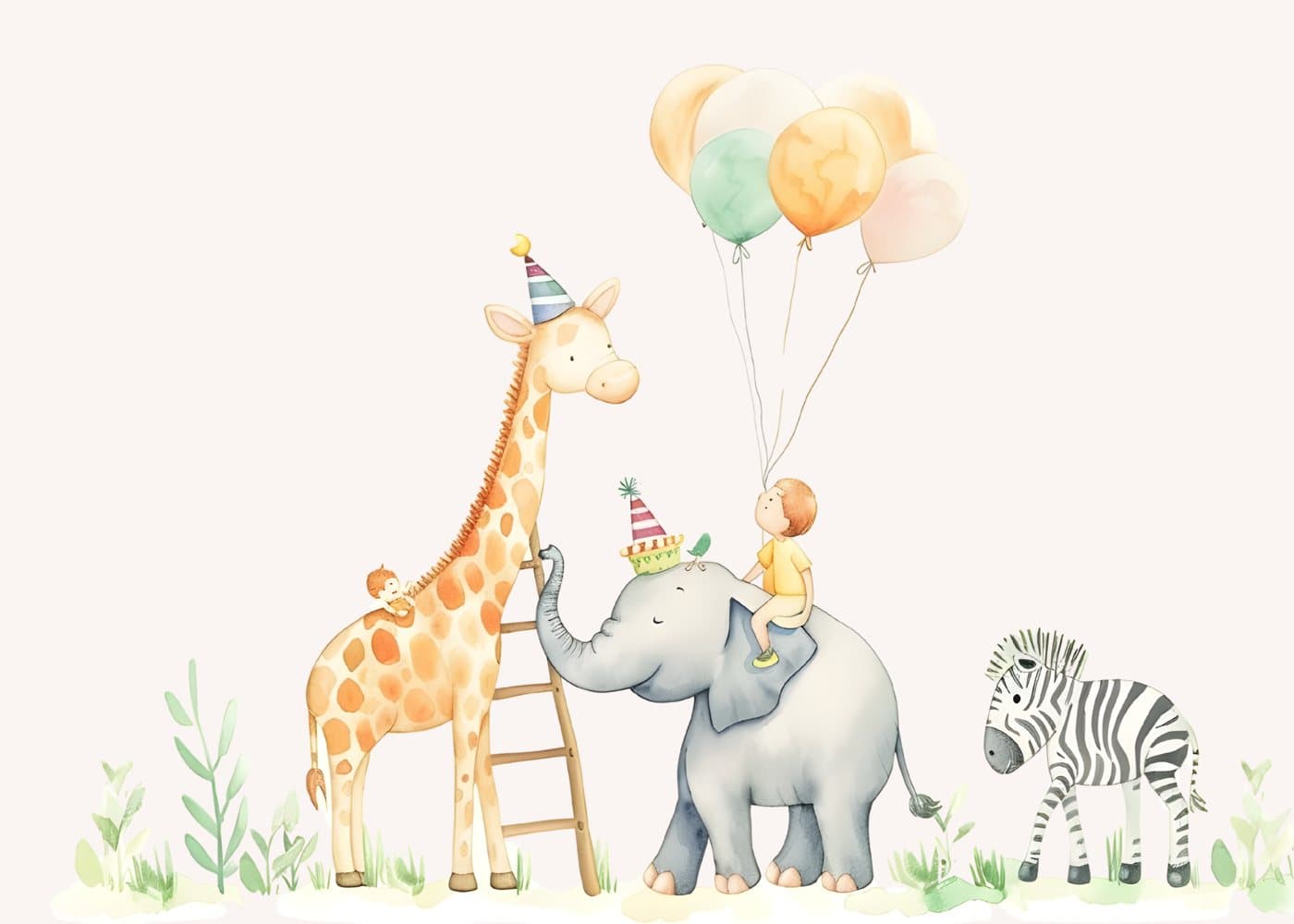 Sjiraff og elefant med ballonger, hele motivet