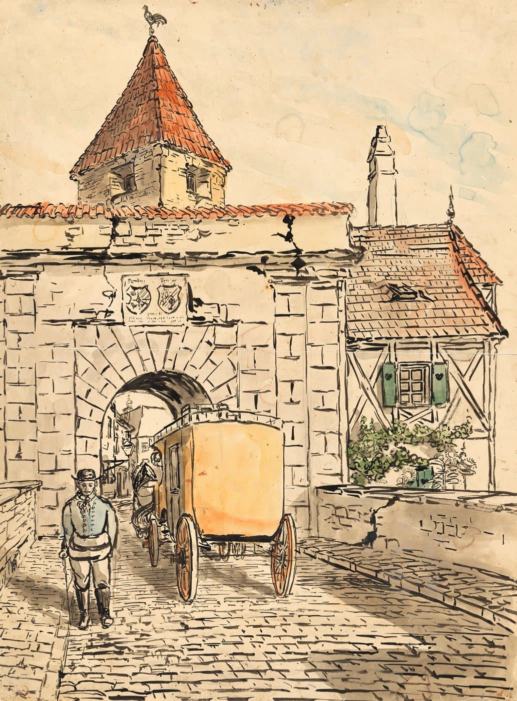 Stadttor mit Kutsche (Schülerarbeit) (ca 1912) av Egon Schiele, hele motivet