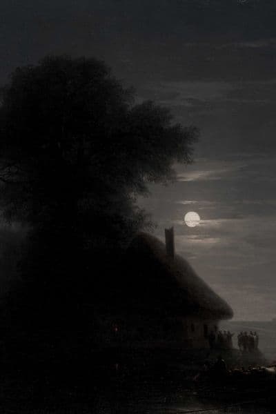 Fullmåne over mørk gård