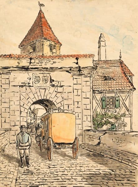 Stadttor mit Kutsche (Schülerarbeit) (ca 1912) av Egon Schiele