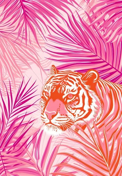 Tiger blant rosa palmeblader