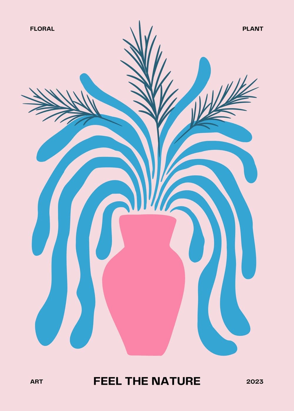 Blå plante i rosa vase, hele motivet