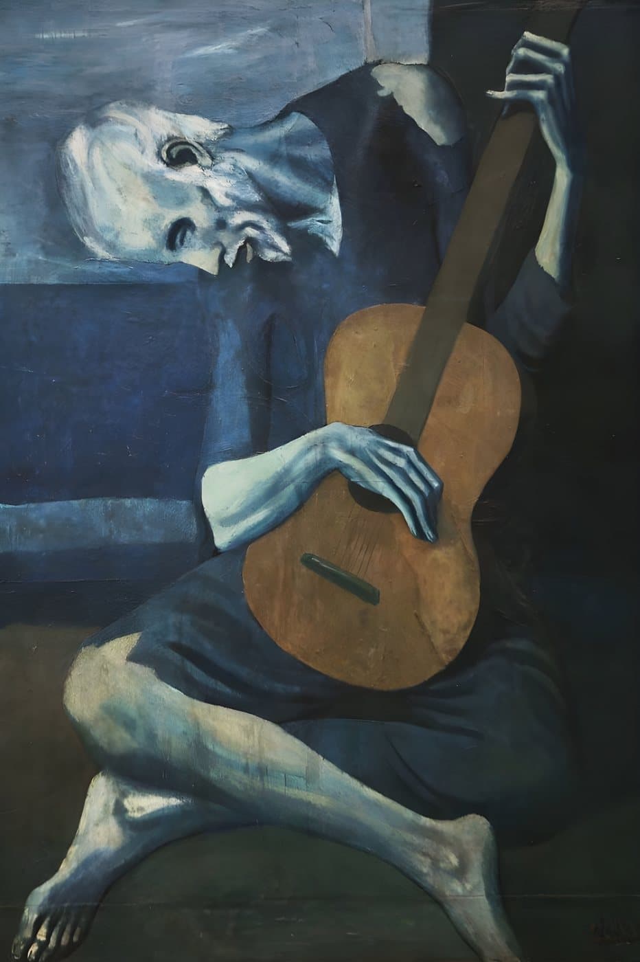 Gammel gitarspiller i blått, hele motivet