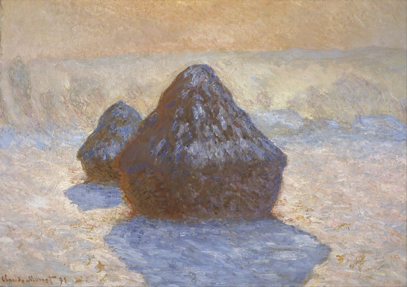 Haystacks: Snow Effect (1891) av Claude Monet, hele motivet
