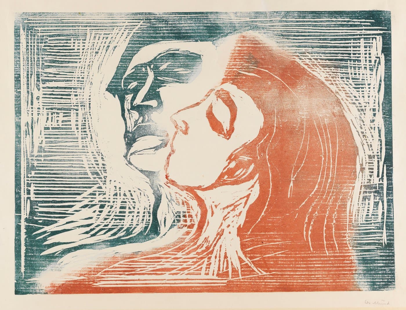 Hode mot hode (kyssende mann og kvinne) (1905) av Edvard Munch, hele motivet