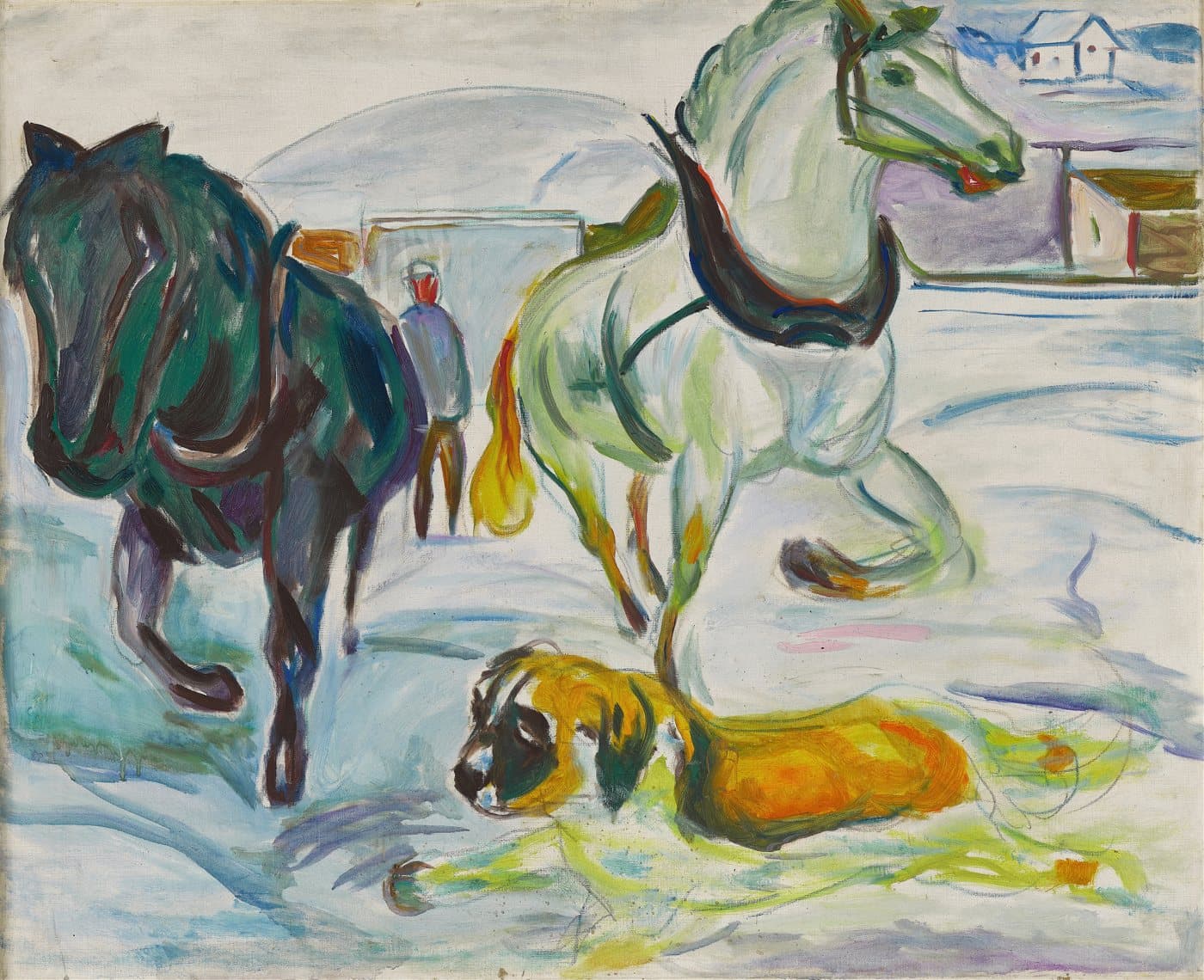 Hestespann og sankt bernhardshund i snøen (1923) av Edvard Munch, hele motivet