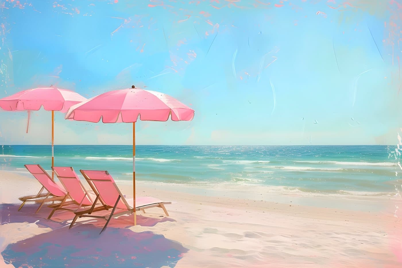 Rosa parasoller på stranden, hele motivet