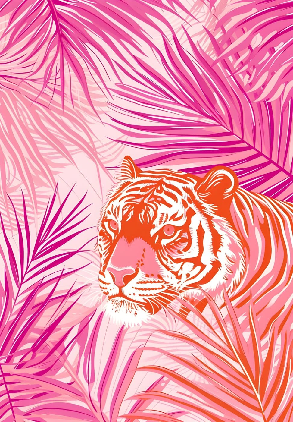 Tiger blant rosa palmeblader, hele motivet